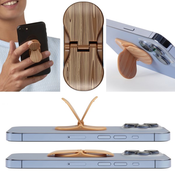zipgrips (Holzoptik) | 2 in 1 Handy-Griff & Aufsteller | Sicherer Griff | Halter für Smartphones | P