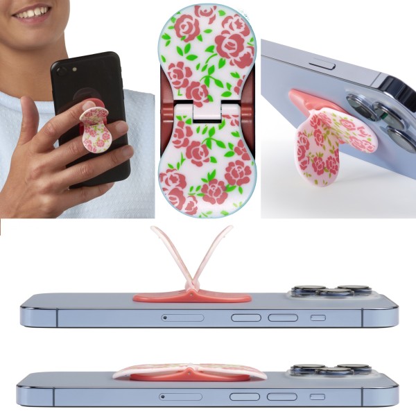 zipgrips (Pink Flowers) | 2 in 1 Handy-Griff & Aufsteller | Sicherer Griff | Halter für Smartphones